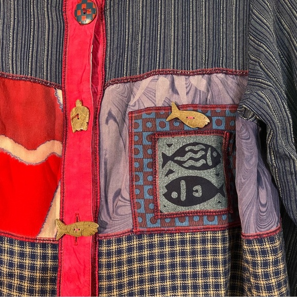Vintage Faith Patchwork Fish Blazer Jacket Wooden Buttons Size Medium Cropped - Picture 4 of 9